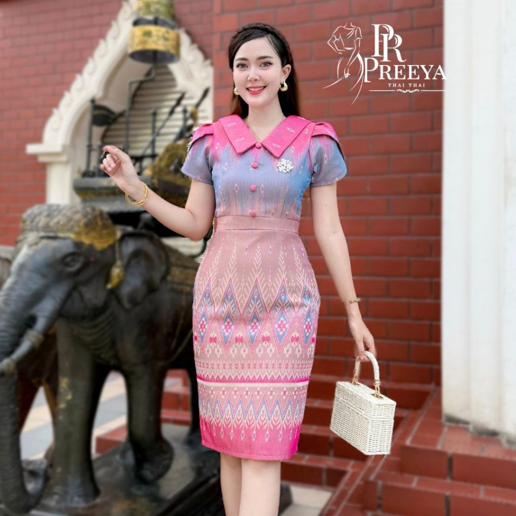 เดรสผ้าฝ้ายทอลาย PR15 ทรงสวยแพทเทิลเป๊ะ งานปราณีต ชุดไทย สีสวยใส่แล้วขับผิว มุมมองที่ 5
