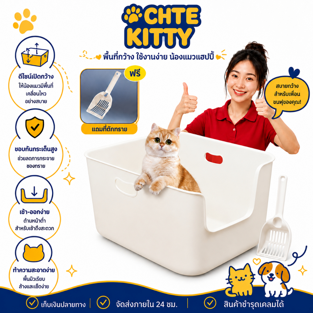 ห้องน้ำแมวตัวใหญ่ ขอบสูง วัสดุ PP ถาดทรายแมว