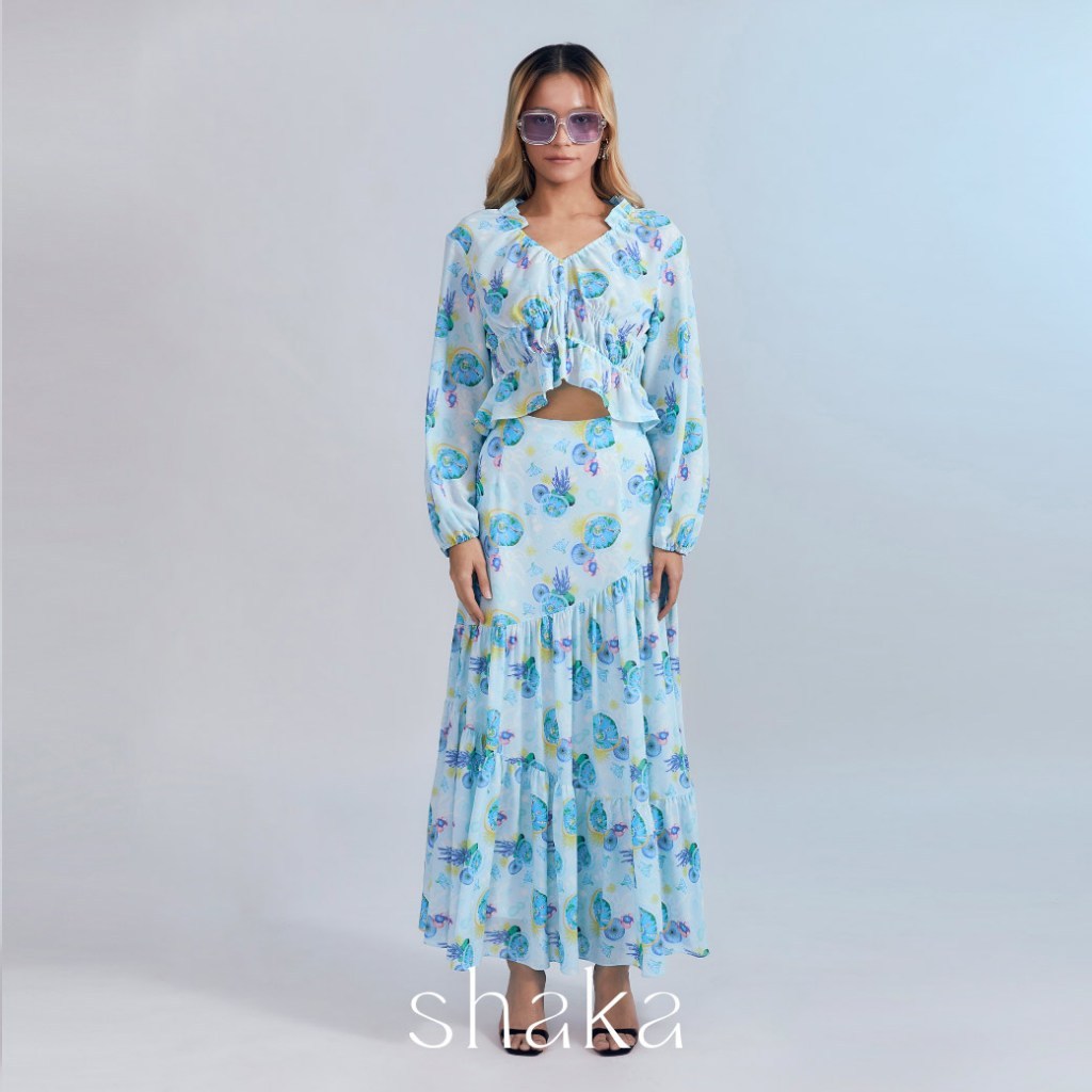 Shaka SS23 Blue Ocean  Chiffon Maxi Skirt กระโปรงยาวผ้าชีฟอง ชายกระโปรงระบาย SK-8230302