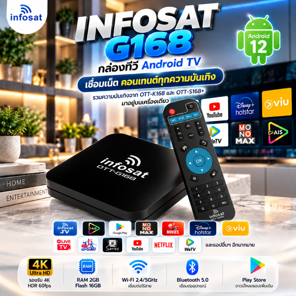 Android 12 TV Box กล่องทีวีอินเตอร์เน็ต Infosat (Infosat TV, Mono