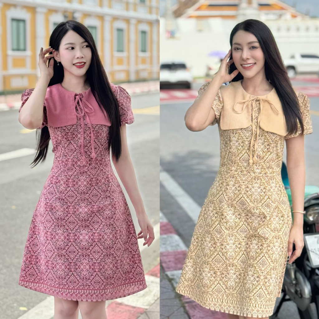 เดรสคอปกใหญ่กระโปรงทรงเอ แขนตุ๊กตา(ผ้าฝ้ายพิมพ์ลาย)