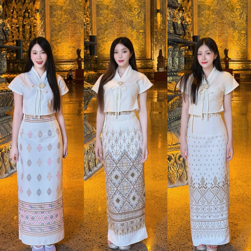 ชุดเซตผ้าไทย เสื้อสไตล์ล้านนา กระโปรง(อัดกาว)ทรงแคบผ่าหลัง(ผ้าฝ้าย)