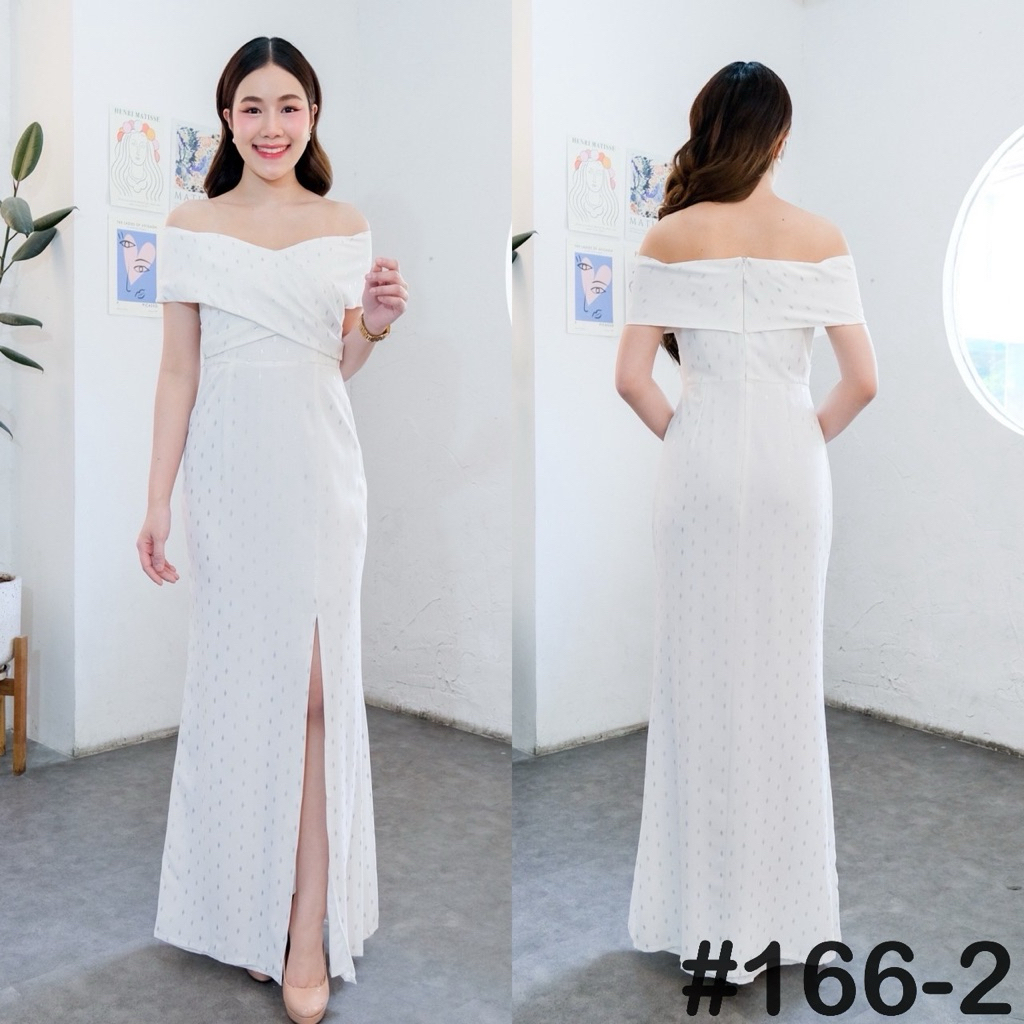 เดรสเพื่อนเจ้าสาวเปิดบ่า อกไขว้ ผ้าดิ้นทองลายข้าวหลามตัด สวยหรู LUXURY707