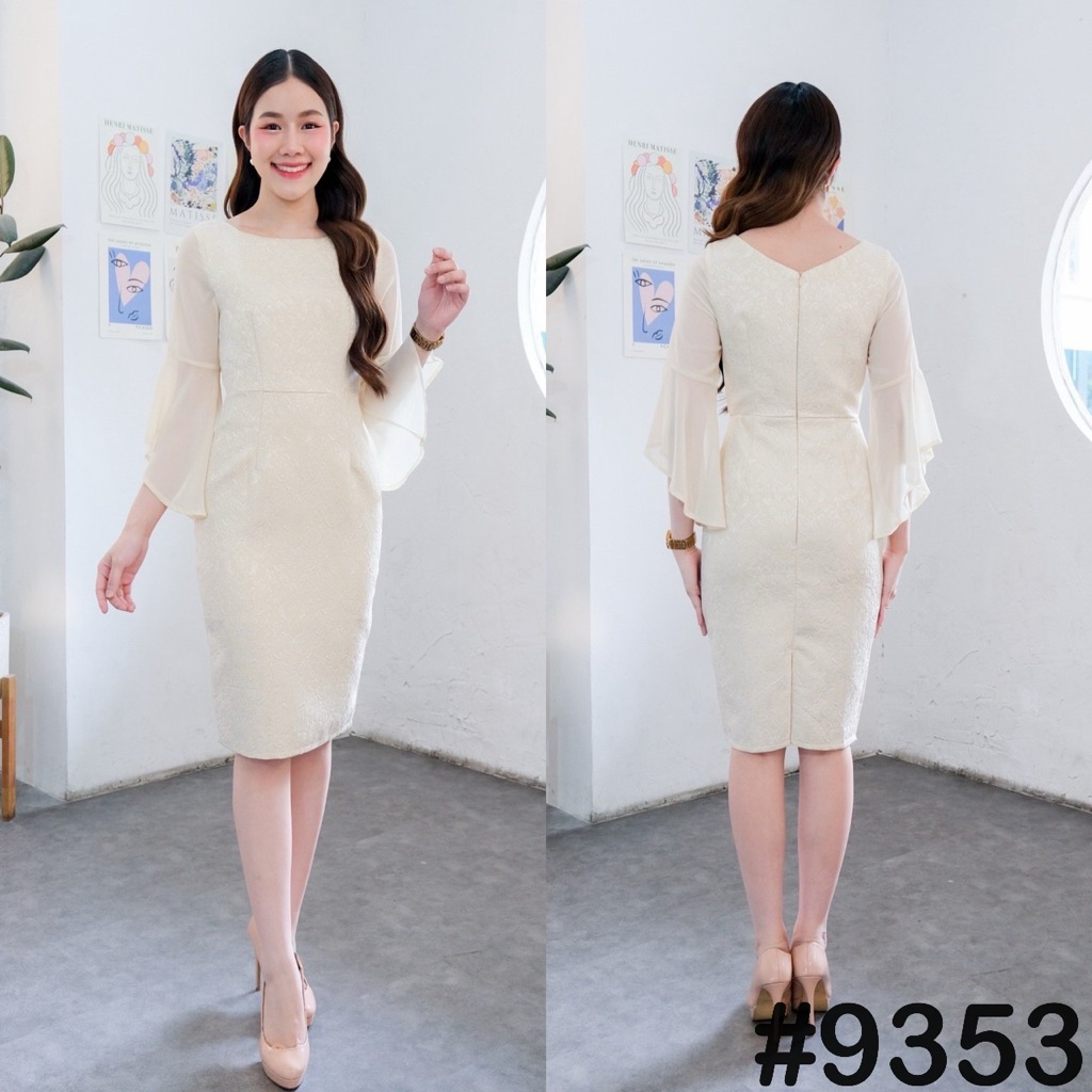 VG9353  คอกลม แขนชีฟองปลายแขนไล่ระดับ ชุดออกงานทางการ ทรงสุภาพ ชุดพิธีการ เดรสทำงาน [LUXURY707]