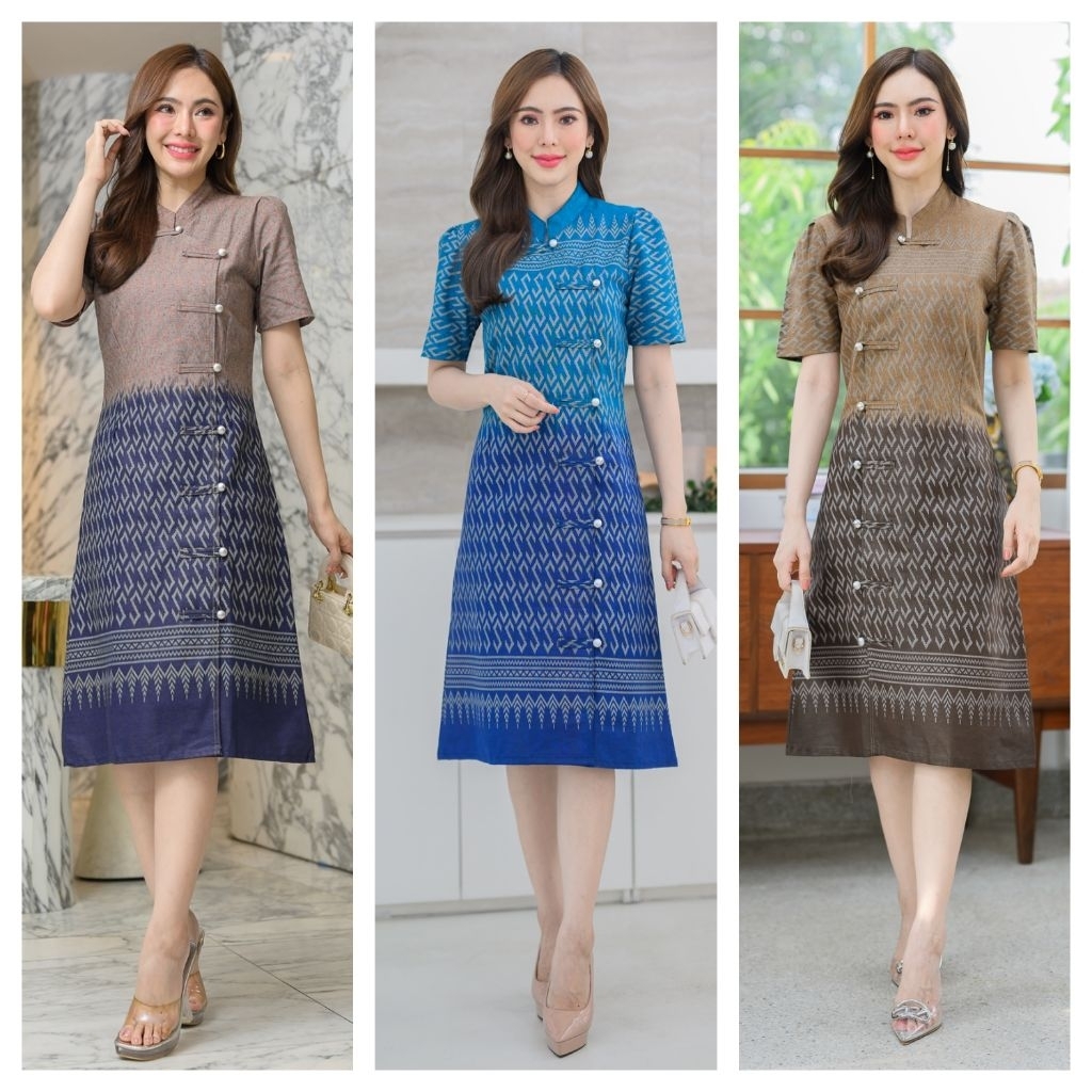 เดรสคอจีนผ้าฝ้ายลายมังกรทอง-ขอพระราชทาน อก36-48 ไซส์ใหญ่ สีสวย เนื้อผ้าดี มุมมองที่ 3
