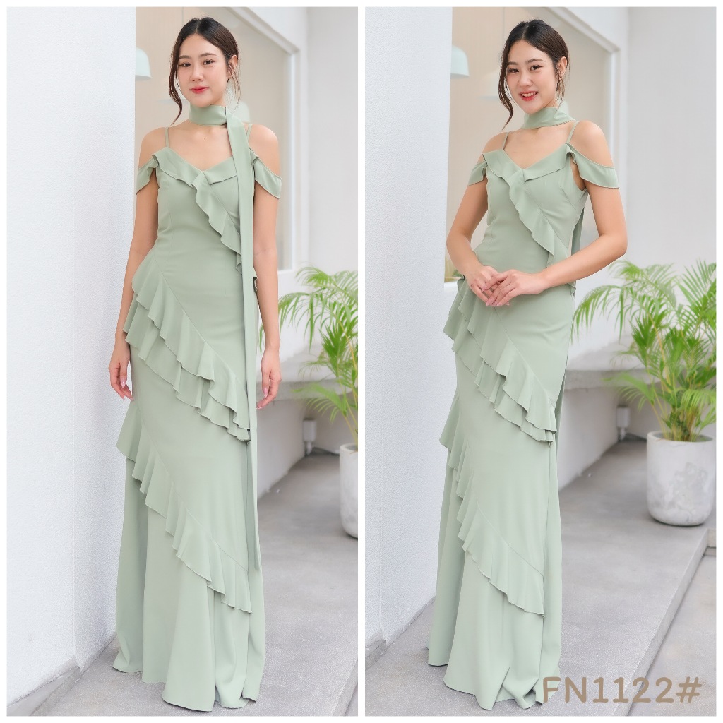 FN1122 เดรสสายเดี่ยวเปิดบ่าระบายทั้งตัว พรางพุงสวย ใส่ไปงานแต่งเพื่อนเจ้าสาว มุมมองที่ 5