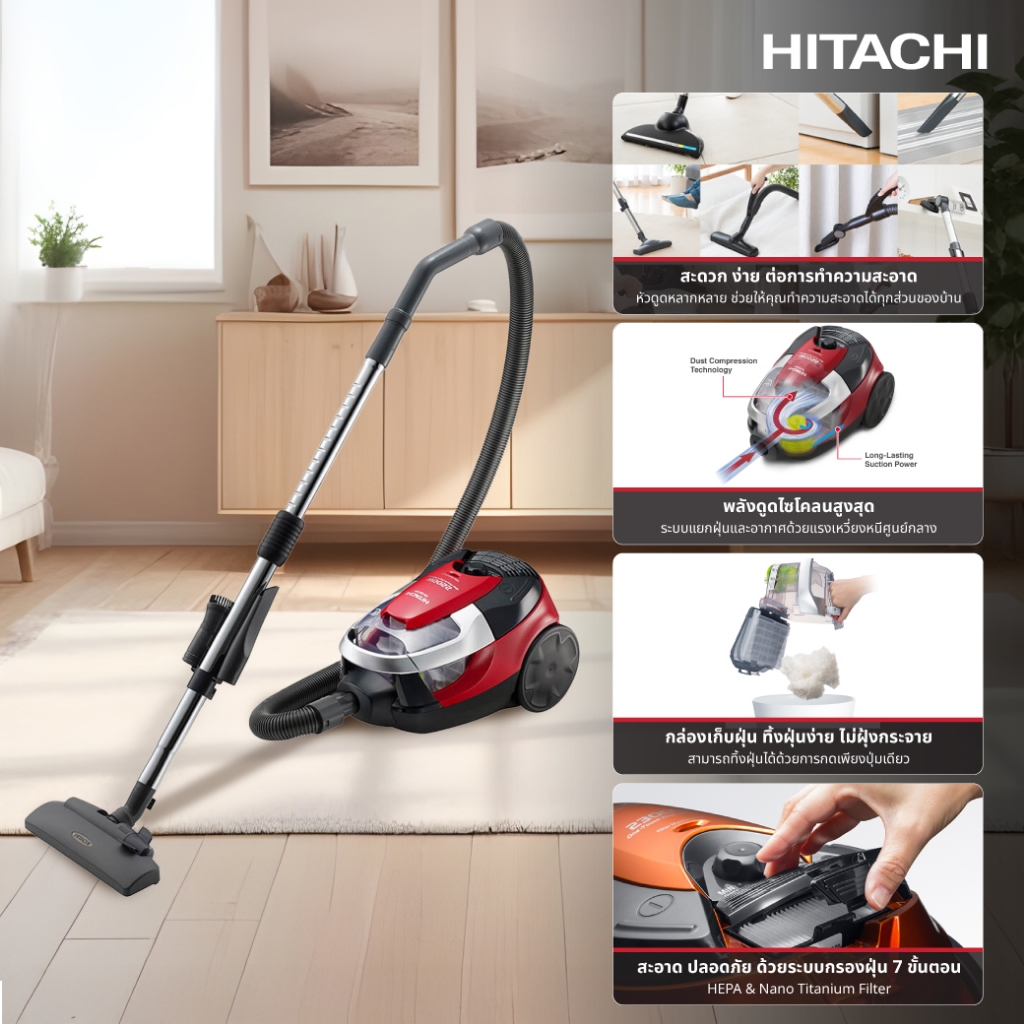 Hitachi 2200W Cylinder Cyclone Vacuum Cleaner Model CV-SE22V Brilliant Red