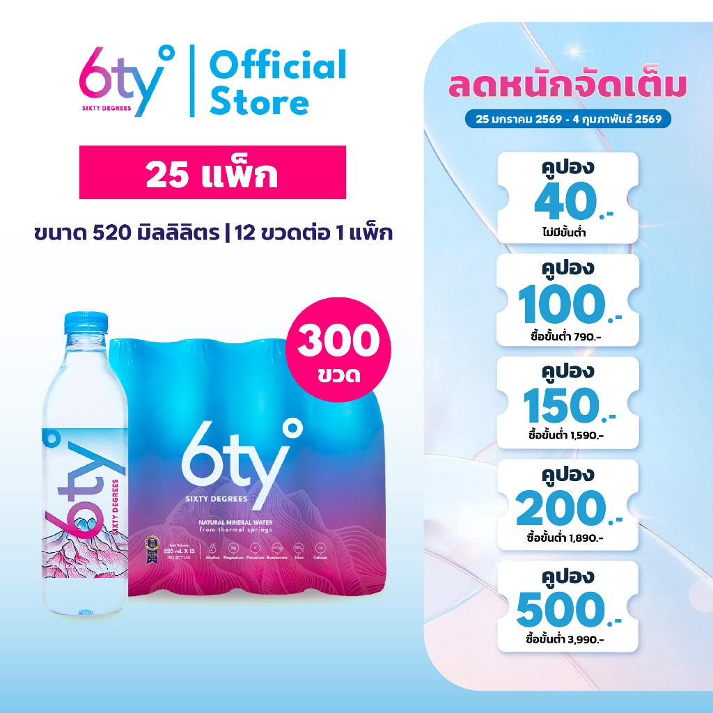 [ส่งฟรี] 520ml 25 แพ็ก 300 ขวด นํ้าแร่ 6ty Degrees Mineral Water น้ำแร่ ...