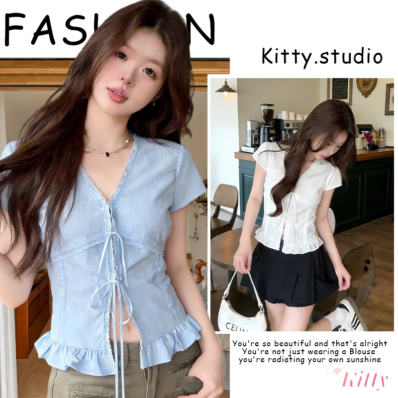 Kitty พร้อมส่ง🌸เสื้อเชิ้ต แขนสั้น สีพื้น เชือกผูกหน้า สไตล์ลำลอง เสื้อ ...
