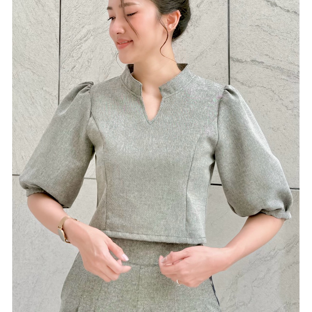 เซตผ้าไทยอัดกาวพรีเมี่ยม เสื้อคอจีนวีแขนตุ๊กตา กางเกงเอวสูงจีบหน้าพรางพุง มุมมองที่ 6