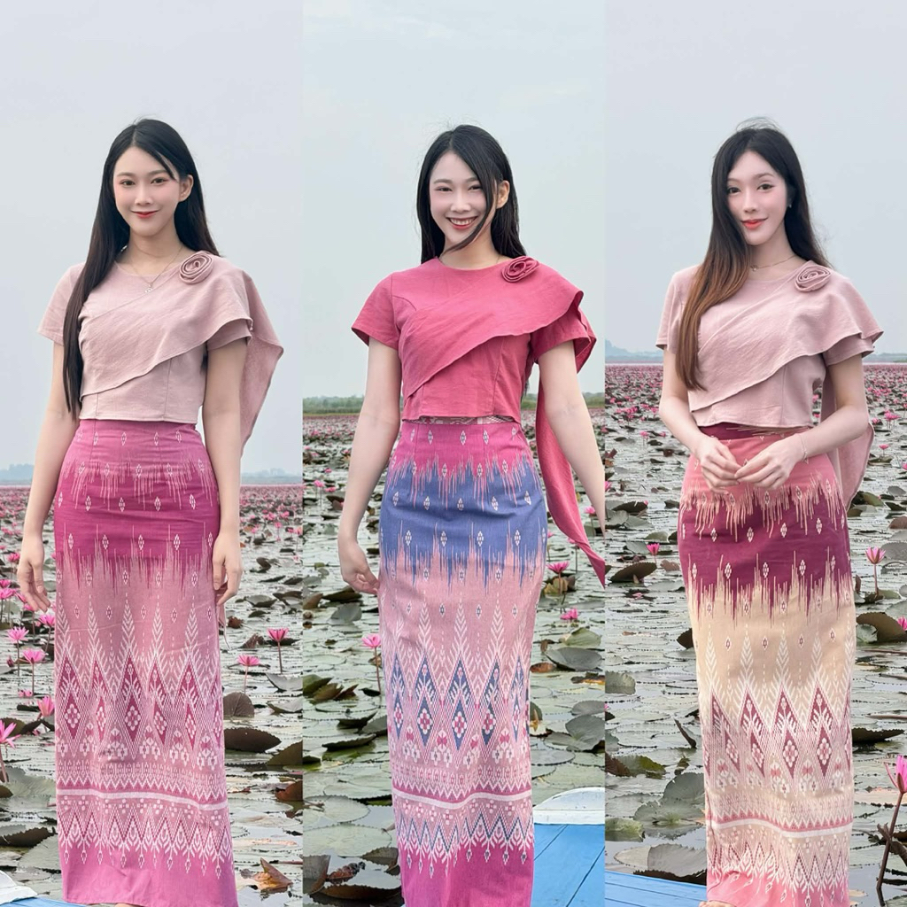 ชุดเซตผ้าไทย เสื้อสไบปักดอกกุหลาบ กระโปรงผ่าหลัง(ผ้าฝ้ายพิมพ์ลาย)