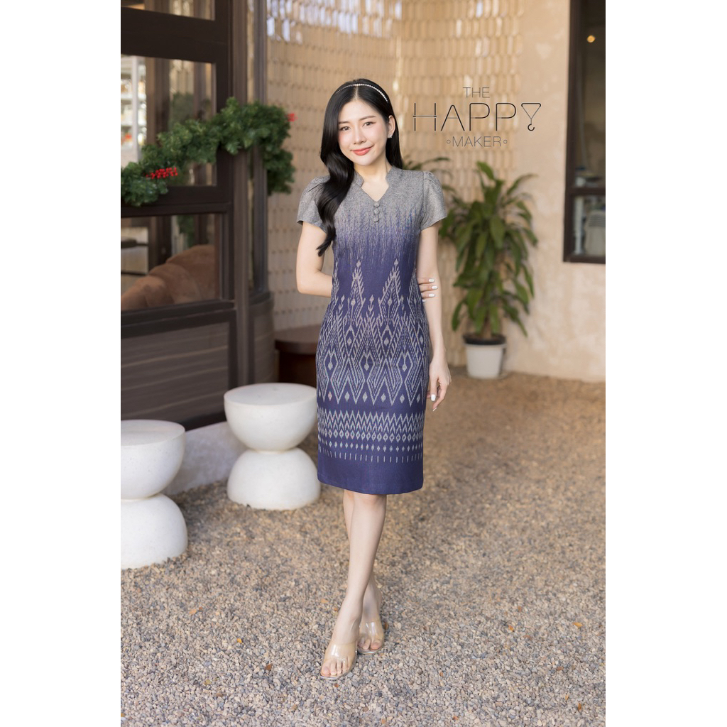 เดรสผ้าไทยมัดหมี่คอจีนวี ชุดทำงานซับในเรียบหรู ใส่แล้วภูมิฐาน สวยทุกสไตล์