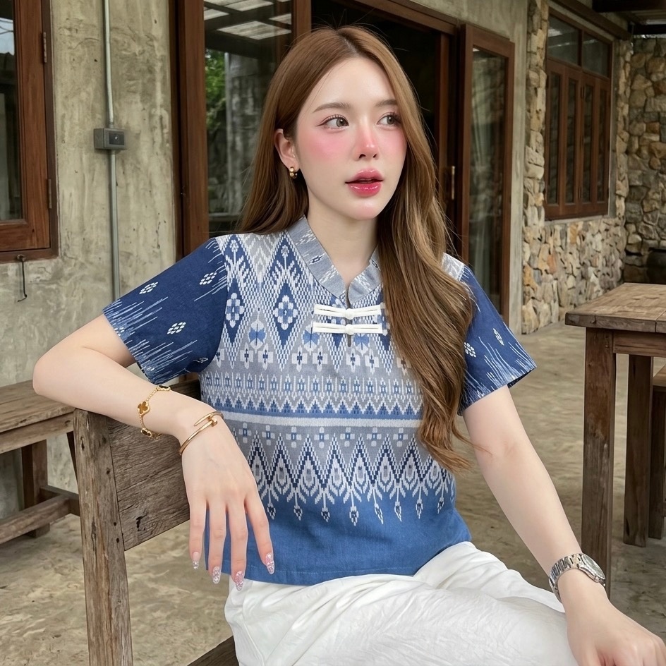 (พร้อมส่งจากไทย) เสื้อคอจีนผู้หญิง เสื้อลายดอกใส่วันสงกรานต์ ผ้าฝ้ายพิมพ์ลายทรงสวยใส่สบาย