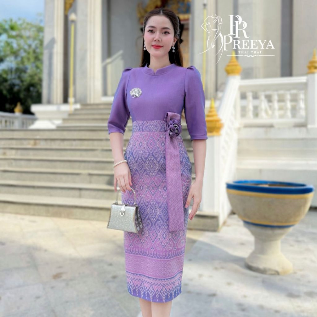 PR185 ชุดเดรสผ้าทอมัดหมี่ฝ้ายคราม ใส่สบาย ทรงสวย ไซส์ S-2XL แบรนด์ Preeya มุมมองที่ 2
