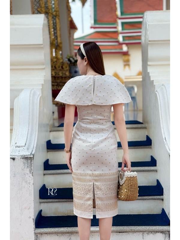เดรสผ้าไทยลายแพรววา ทรงสอบ ผ่าหลัง สีขาวงาช้าง ฟ้า เหลือง ราคา 729 บ. แถมพิน มุมมองที่ 6