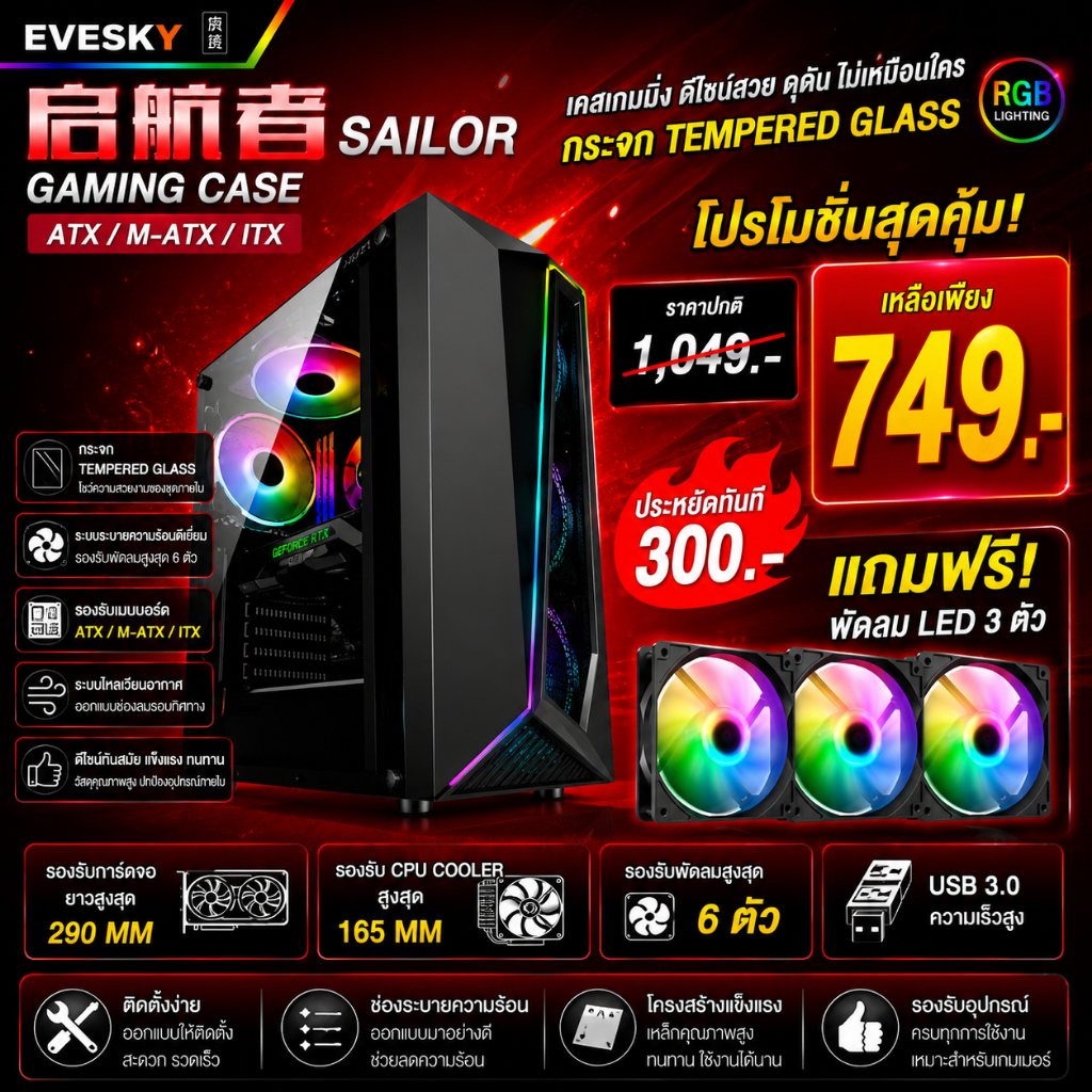 启航者 SAILOR Gaming Case ATX M-ATX ITX กระจก Tempered Glass รองรับ VGA ...