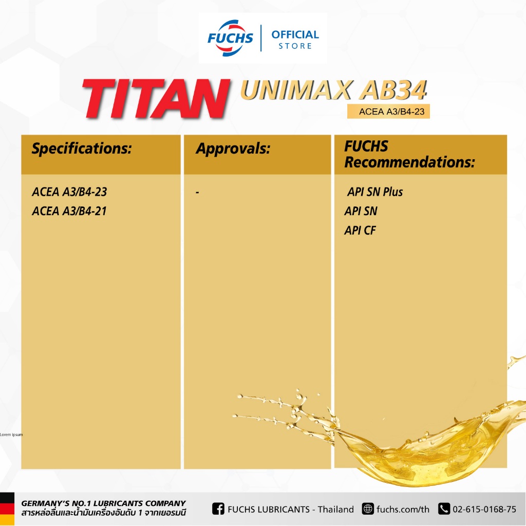 น้ำมันเครื่องดีเซลสังเคราะห์แท้ TITAN UNIMAX AB34 : 5W-30 (6L+1L ...