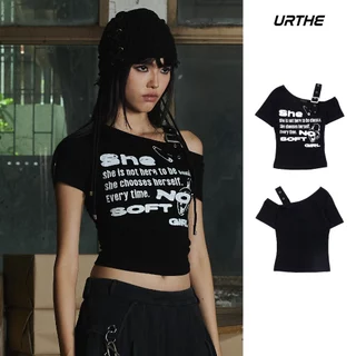 URTHE - เสื้อครอป สายเข็มขัด เปิดไหล่ รุ่น NO SOFT GIRL ASYMMETRIC PUNK TOP - Col. OZDE UNTITLED