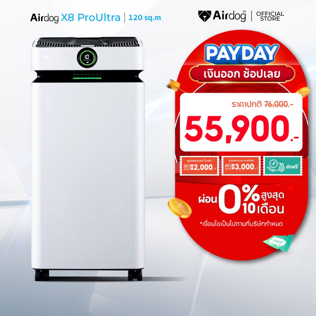 [PayDay ราคานี้มีจำกัด]Airdog X8proUltra (D)เครื่องฟอกอากาศ PM 2.5 ฆ่าเชื้อไวรัส ขนสัตว์ ฟอร์มาลดีไฮด์พื้นที่ 60-120ตรม.