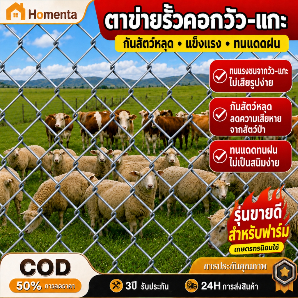 ตาข่ายล้อมรั้ว รั้วตาข่ายเหล็กถัก ตาข่ายถักชุบกัลวาไนซ์ ลวดหนา 2.5 มม. ช่อง 5 ซม. สูง 1.5 ม. ยาว 10 ม. ทนแดดฝน ติดตั้งง่