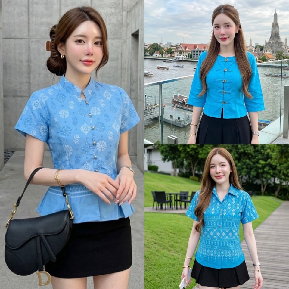 เสื้อผ้าไทย เสื้อสีฟ้าใส่วันแม่สวยมากค่ะ