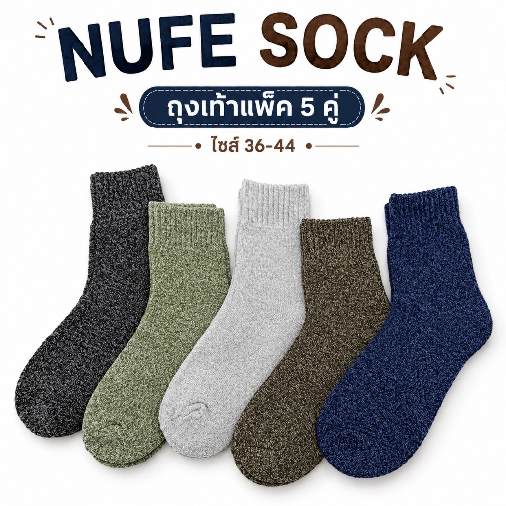 NUFESOCKS ถุงเท้าผ้าcottonทอหนาข้อกลาง พร้อมส่งจากไทย ถุงเท้ากันหนาวชายหญิงใส่ได้ไซค์ 35-45