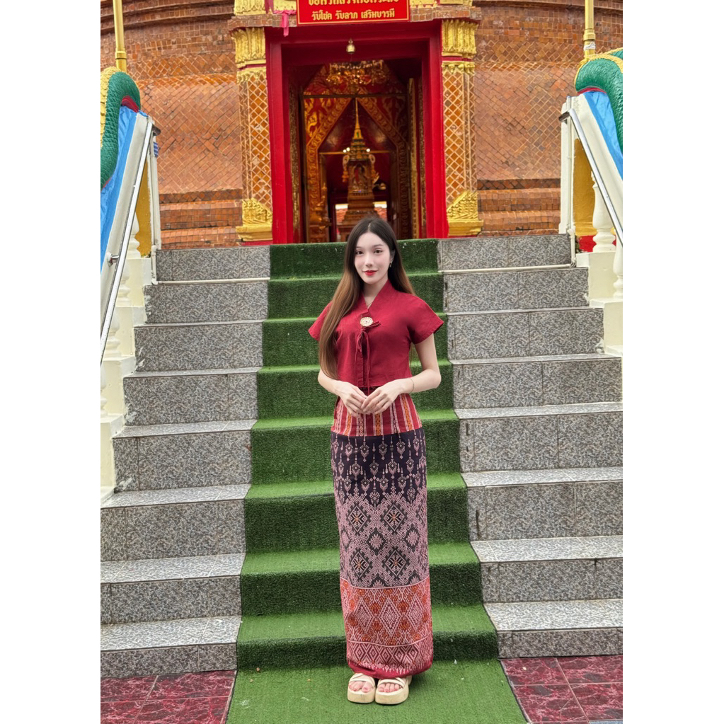 TANTANOD TL19 ชุดเซตผ้าไทย กระโปรงทรงแคบผ่าหลัง เสื้อล้านนาผ้าฝ้ายพิมพ์ลาย ใส่สวยเพรียว มุมมองที่ 6