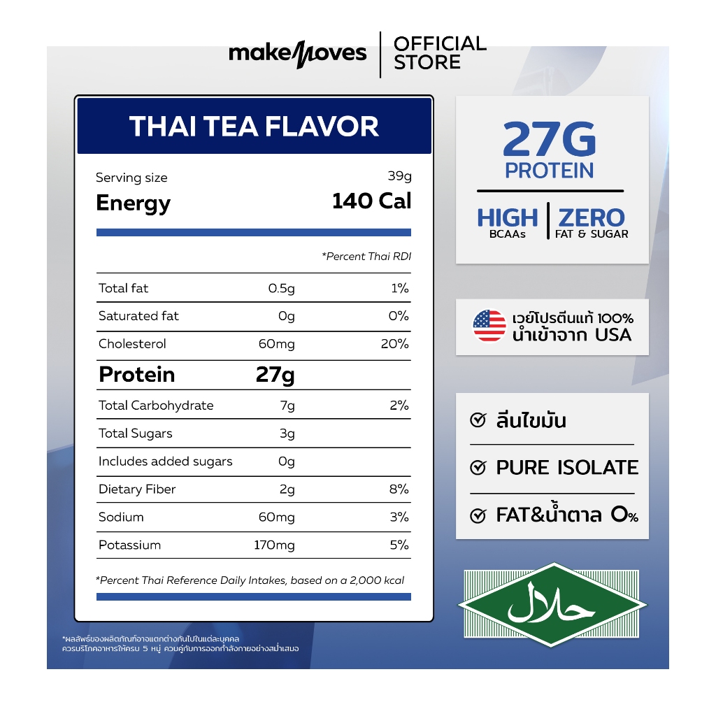 MakeMoves รุ่น MM-WPI-Z-2LB Whey Protein Isolate ขนาด 2LB สูตรลีนไขมัน โปรตีนสูง ไม่มีน้ำตาล ช่วยสร้างกล้ามเนื้อและลดน้ำหนัก เหมาะสำหรับผู้แพ้แลคโตส