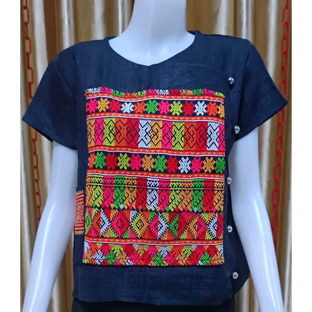 เสื้อผ้าใยกัญชง สีดำ แต่งผ้าปักเย้า (Size 42) | Shopee Thailand