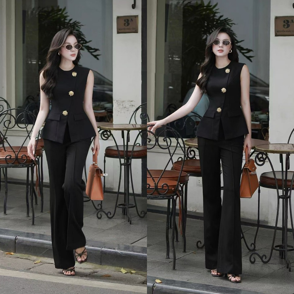 TC Set 2 ชิ้นสีดำเสื้อแขนกุดดีเทลแต่งอะไหล่ทองเฉียง(มีกระดุมแป๊กด้านใน ...