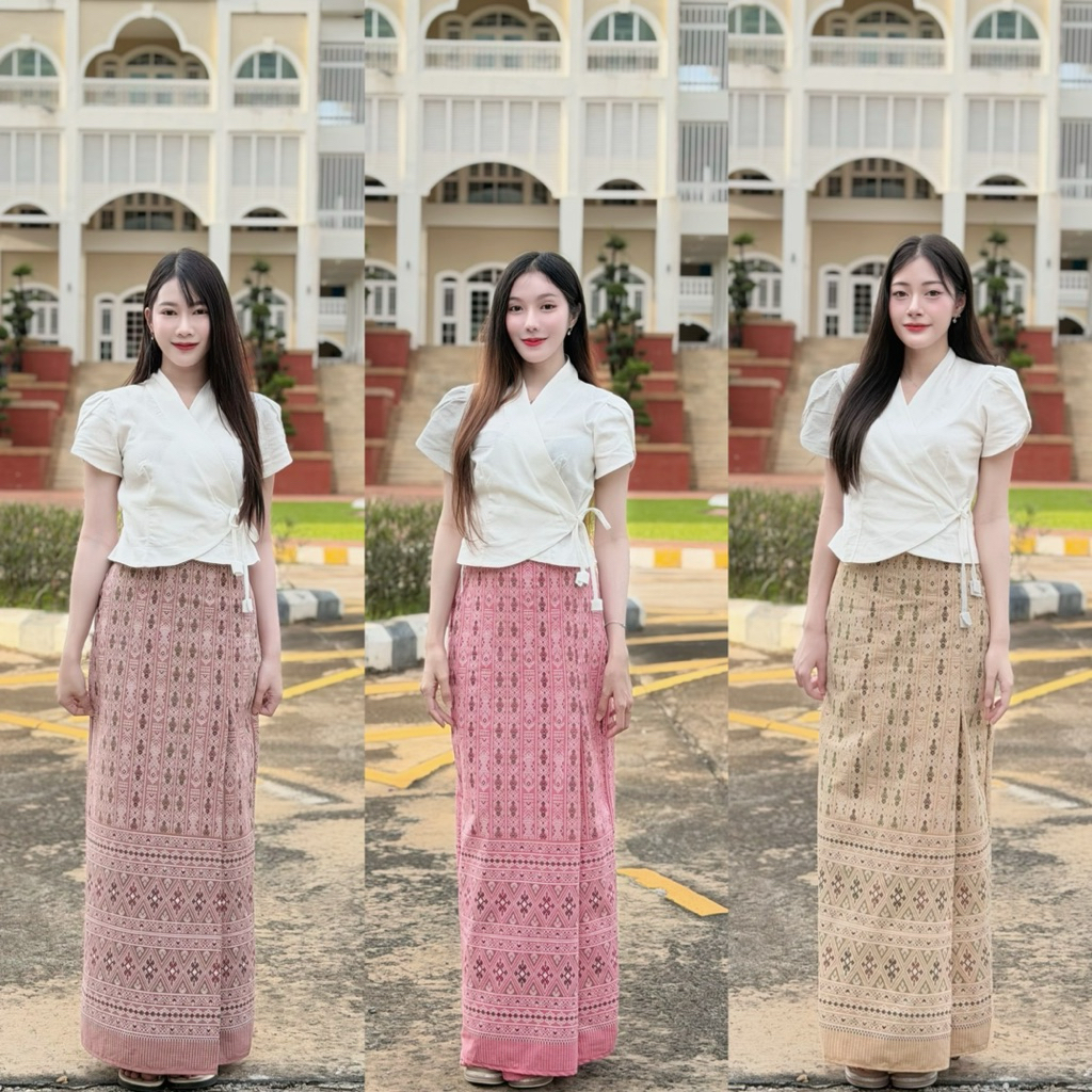 ชุดเซต เสื้อไขว้ แขนตุ๊กตา ผูกข้าง กระโปรงผ้าถุง(ลายผ้าไทย)