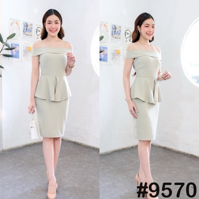 เดรสเปิดบ่าสายเกาหลี VG9570 พรางพุง ระบายเอว ชุดไปงานแต่ง ใส่สบาย ผ้าครีพพริ้ว