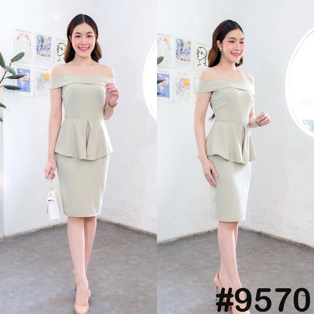 เดรสเปิดบ่าสายเกาหลี VG9570 พรางพุง ระบายเอว ชุดไปงานแต่ง ใส่สบาย ผ้าครีพพริ้ว มุมมองที่ 6