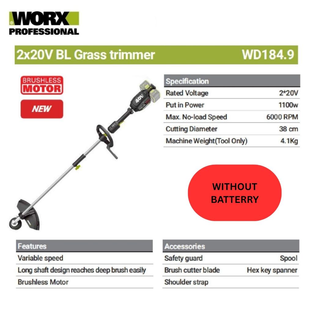 WORX WD184.9 Brushless Grass เครื่องตัดหญ้าไร้สาย 2 x 20V (ตัวเปล่า ...