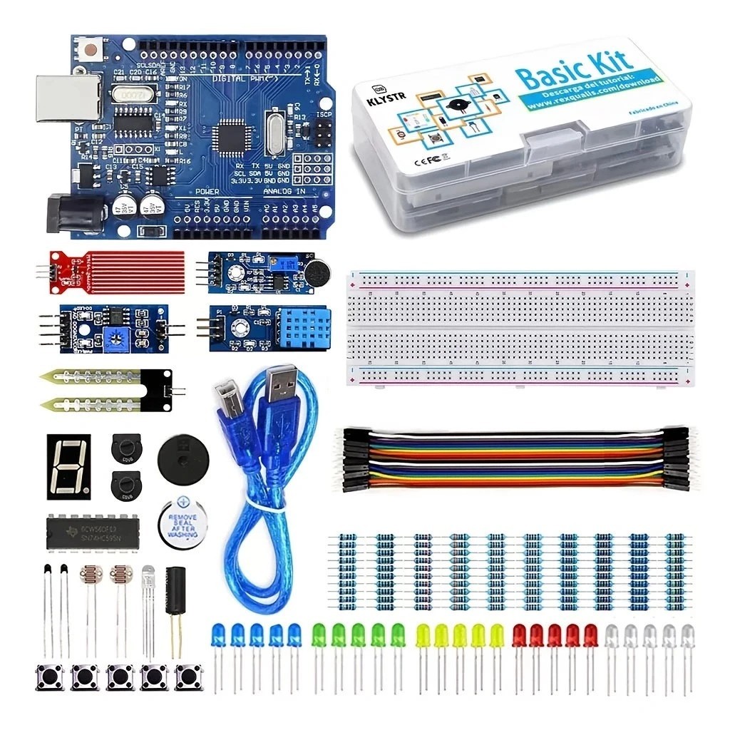 KLYSTR Basic Starter Kit สําหรับ Arduino Uno R3 พร้อมรหัสกวดวิชา Breadboard จัมเปอร์ลวด Led ไดโอดหลีกเลี่ยงอุปสรรคโมดูล
