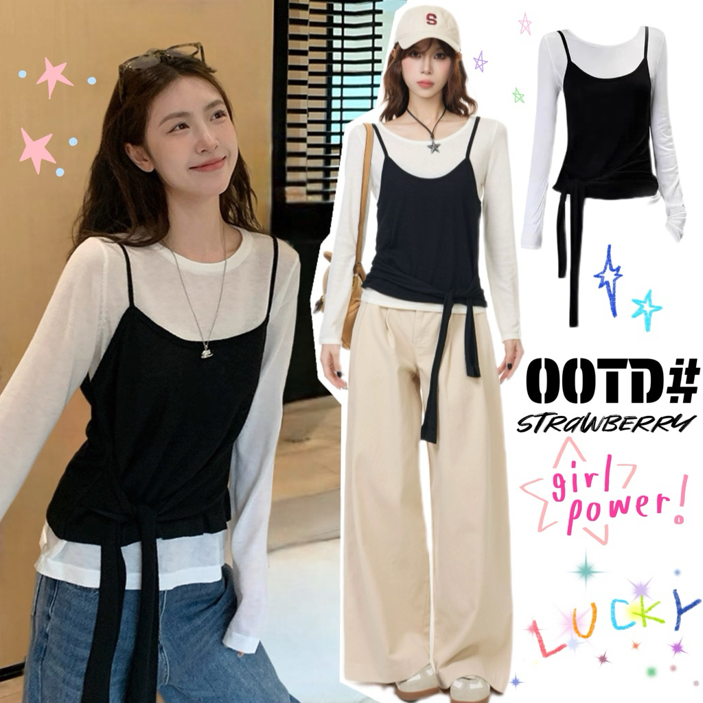 STR พร้อมส่ง☔️🧸เสื้อยืแขนยาวผู้หญิง เสื้อ2ชิ้นติดกับ ดีไซน์โปว์ผูกเอว ...