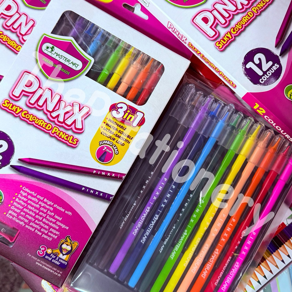 Masterart ดินสอสี Pinxx ระบายน้ำ ไส้ใหญ่ ล้างออกได้ เซต12สี พร้อมกบเหลา ...