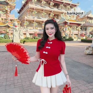 โปรโมชั่น Flash Sale : พร้อมส่ง  เฉพาะเสื้อ  เสื้อตรุษจีน ผ้าวูลเวฟคอจีกติดกี่เพ้าหน้าผ่าหน้าแต่งโบว์ A5845