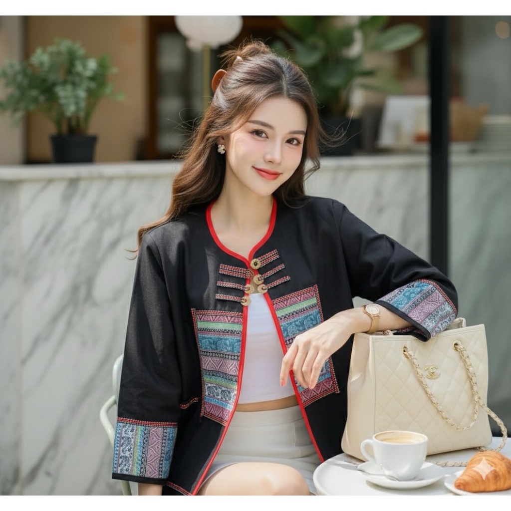 เสื้อคลุมผ้าฝ้าย แต่งแถบลายช้างผ้าทอ มีกระเป๋าหน้า