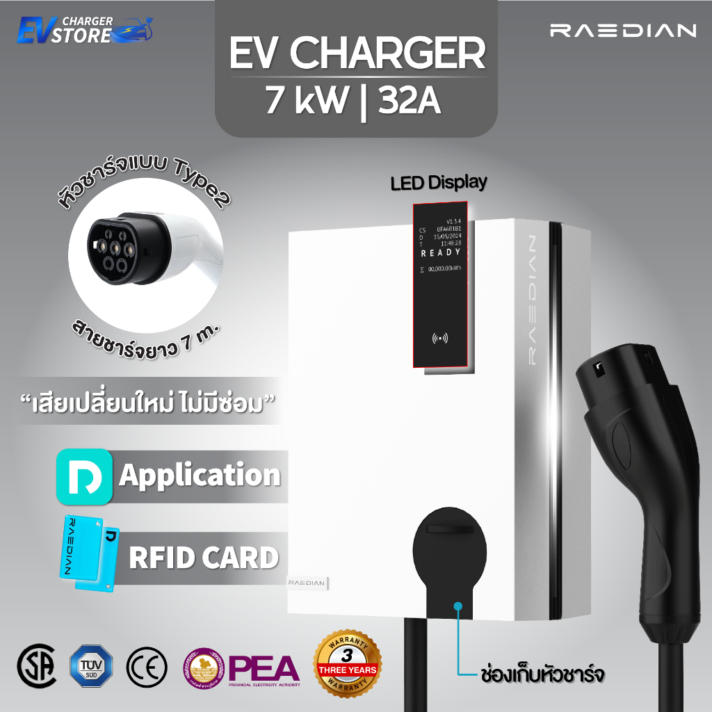 [พร้อมส่งจากไทย] รับประกัน 3 ปี RAEDIAN EV Charger 7kW 32A เครื่องชาร์จ ...