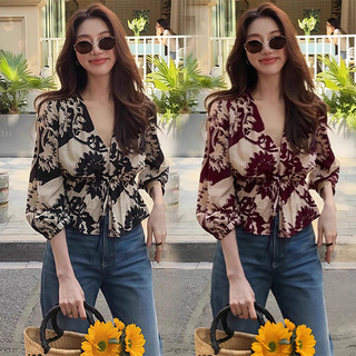 Red Berry áo sơ mi dài tay cổ V in họa tiết dành cho phụ nữ mùa thu, phong cách thường ngày, có dây thắt eo phía trước W698