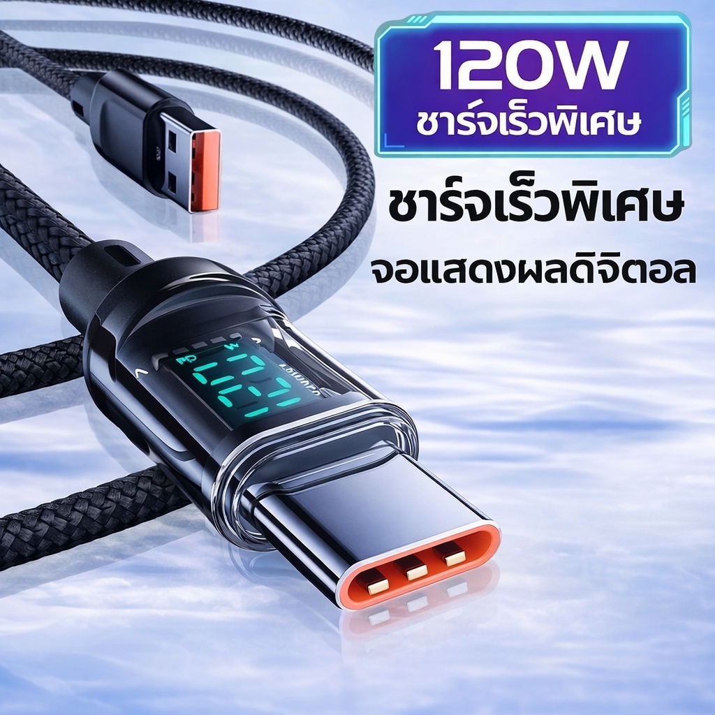 120W สายชาร์จ USB-C to USB-C 6A จอแสดงผลดิจิทัล รองรับ PD ชาร์จเร็ว สายถักทนทาน เหมาะสำหรับ USB Type-C / IOS 1ม/2ม