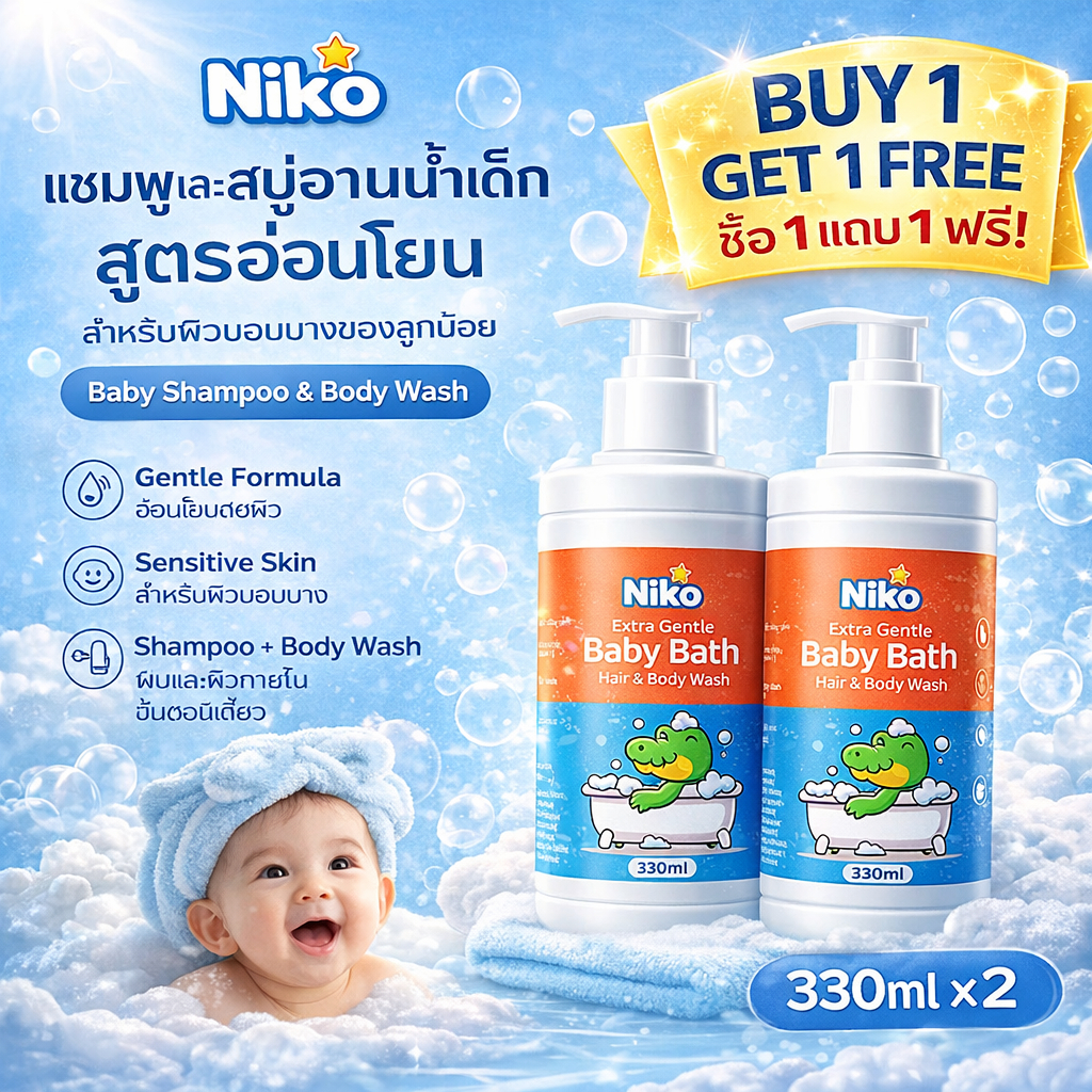 NIKO Baby Shampoo & Body Wash แชมพูและสบู่อาบน้ำเด็ก สูตรอ่อนโยน สำหรับ ...