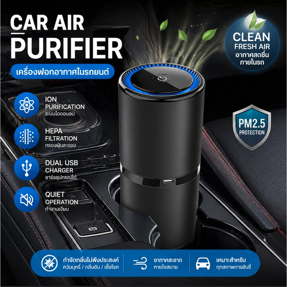 Figo เครื่องฟอกอากาศในรถยนต์ car air purifier กรองฝุ่น PM2.5