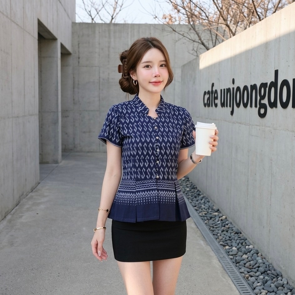 LANNA – เสื้อคอจีนระบายเอว เสื้อผู้หญิง เสื้อใส่ทำงาน ทรงสวยเข้ารูป ผ้าฝ้ายพิมพ์ลายสวยมากค่ะ