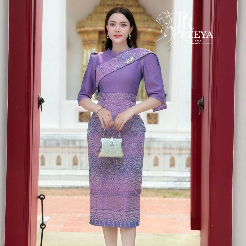 PR182 เดรสผ้าฝ้ายทอลายอัดกาว ห่มสไบ ชุดไทยสวยหรู ไซส์ S-2XL มุมมองที่ 2