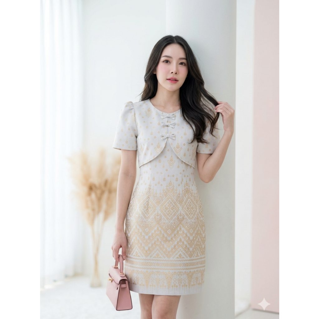 เดรสลายเทียนหยดอัดกาว แต่งกั๊กโบว์ ทรงสอบ ขับผิว ราคาถูก (S-2XL) มุมมองที่ 4