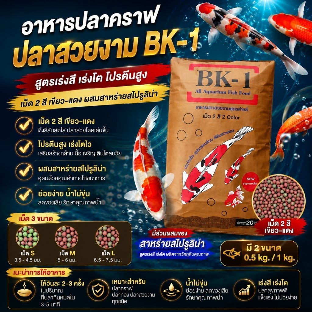 BK-1 อาหารปลาสวยงามทุกสายพันธุ์ 1kg