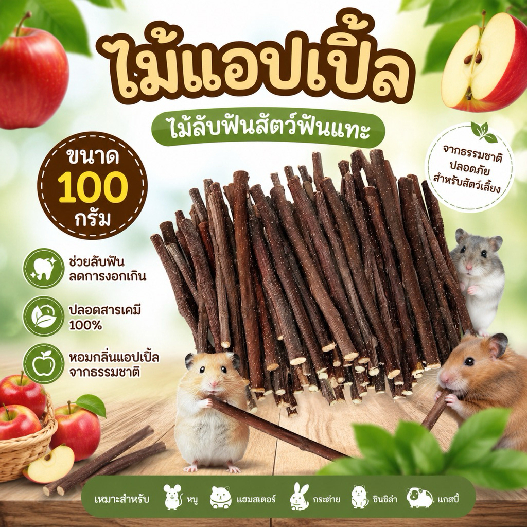 ไม้แอปเปิ้ล 100g ไม้ลับฟัน apple stick สำหรับสัตว์ฟันแทะๆ ช่วยลดปัญหาน้องๆ แทะกรง  ช่วยลับฟัน ขัดฟัน เพื่อไม่ให้ฟันยาว