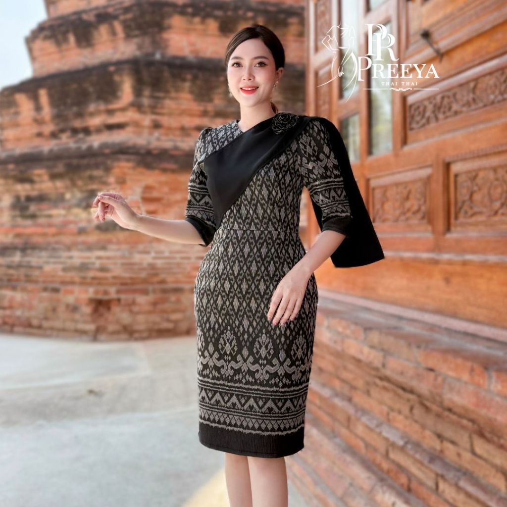 PR183 เดรสผ้าฝ้ายทอลาย อัดกาวทั้งชุด เก็บทรงสวย ไซส์S-4XL มุมมองที่ 4